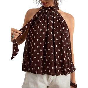 image:imageFloerns Womens Plus Size Polka Dots Halter Top Tie Back Sleeveless Bubble Hem Y2k Going Out Tank TopsBrown