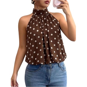 image:imageFloerns Womens Plus Size Polka Dots Halter Top Tie Back Sleeveless Bubble Hem Y2k Going Out Tank TopsCoffee Brown
