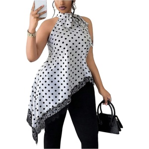 image:imageFloerns Womens Plus Size Polka Dots Halter Tops Lace Trim Sleeveless Asymmetrical Elegant TopWhite