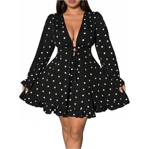 image:imageFloerns Womens Plus Size Polka Dots Long Sleeve Deep V Neck Mini DressBlack