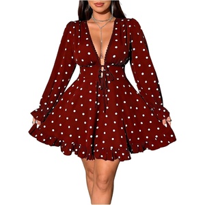 image:imageFloerns Womens Plus Size Polka Dots Long Sleeve Deep V Neck Mini DressBurgundy