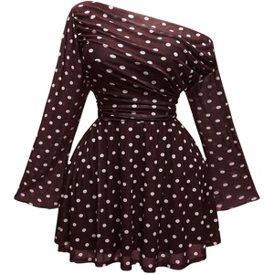 image:imageFloerns Womens Plus Size Polka Dots Mesh Mini Dress Ruched Off The Shoulder Long Sleeve Party DressesBrown