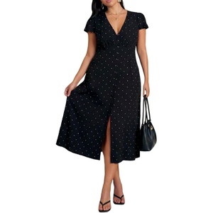 image:imageFloerns Womens Plus Size Polka Dots Midi Dress Short Sleeve V Neck DressesBlack