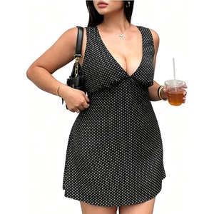 image:imageFloerns Womens Plus Size Polka Dots Mini Dress Tie Backless V Neck Going Out Birthday DressesBlack and White