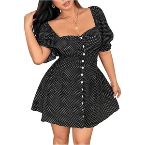 image:imageFloerns Womens Plus Size Polka Dots Short Dress Ruched Button Down Puff Sleeve Date Night DressesBlack