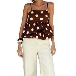 image:imageFloerns Womens Polka Dots Babydoll Camisole Tops Sleeveless Layered Ruffle Going Out TopsCoffee Brown
