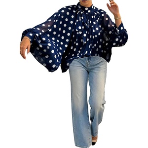 image:imageFloerns Womens Polka Dots Bishop Sleeve Shirts Tie Neck Mesh Blouse TopsDark Blue