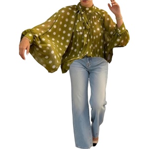 image:imageFloerns Womens Polka Dots Bishop Sleeve Shirts Tie Neck Mesh Blouse TopsDark Green