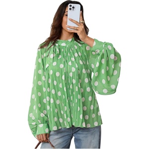 image:imageFloerns Womens Polka Dots Bishop Sleeve Shirts Tie Neck Mesh Blouse TopsLight Green