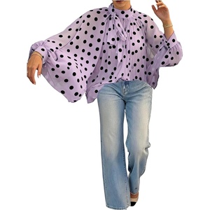 image:imageFloerns Womens Polka Dots Bishop Sleeve Shirts Tie Neck Mesh Blouse TopsMauve Purple