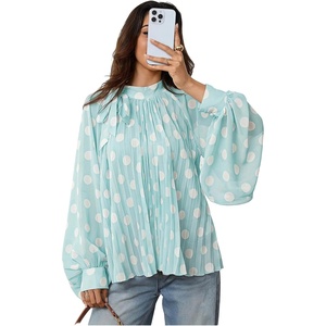 image:imageFloerns Womens Polka Dots Bishop Sleeve Shirts Tie Neck Mesh Blouse TopsMint Blue