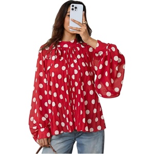image:imageFloerns Womens Polka Dots Bishop Sleeve Shirts Tie Neck Mesh Blouse TopsRed