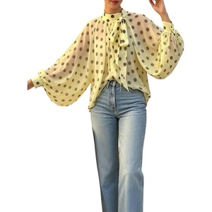 image:imageFloerns Womens Polka Dots Bishop Sleeve Shirts Tie Neck Mesh Blouse TopsYellow