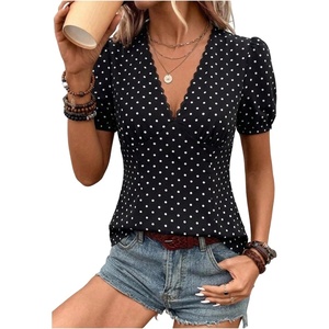 image:imageFloerns Womens Polka Dots Blouses Short Sleeve Lace Trim V Neck TopsBlack