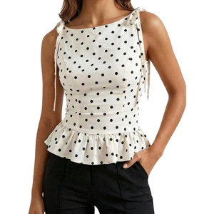 image:imageFloerns Womens Polka Dots Boat Neck Peplum Tie Shoulder Tank TopsApricot