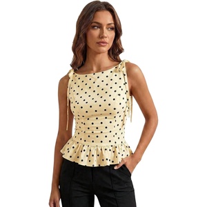 image:imageFloerns Womens Polka Dots Boat Neck Peplum Tie Shoulder Tank TopsYellow