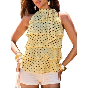 image:imageFloerns Womens Polka Dots Bow Halter Tops Sleeveless Tiered Ruffle Going Out TopsYellow