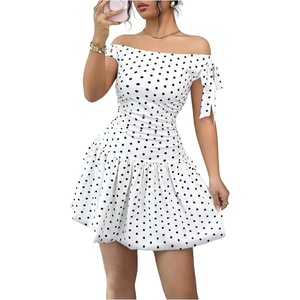 image:imageFloerns Womens Polka Dots Bubble Dress Off The Shoulder Tie Side Going Out Mini DressesWhite