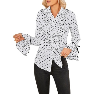 image:imageFloerns Womens Polka Dots Button Down Ruffle Blouse Bell Sleeve Elegant Collared ShirtBlack and White