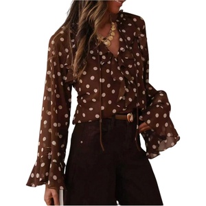 image:imageFloerns Womens Polka Dots Chiffon Blouses Ruffle V Neck Flare Sleeve Summer Going Out TopsCoffee Brown