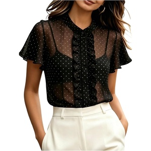image:imageFloerns Womens Polka Dots Chiffon Ruffle Sheer Button Elegant Office TopsBlack