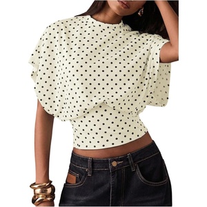 image:imageFloerns Womens Polka Dots Crew Neck Cinched Waist Dolman Sleeve Crop TopsApricot