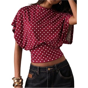 image:imageFloerns Womens Polka Dots Crew Neck Cinched Waist Dolman Sleeve Crop TopsBurgundy