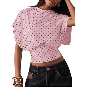 image:imageFloerns Womens Polka Dots Crew Neck Cinched Waist Dolman Sleeve Crop TopsPastel Pink