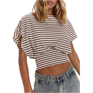 image:imageFloerns Womens Polka Dots Crew Neck Cinched Waist Dolman Sleeve Crop TopsWhite Stripe
