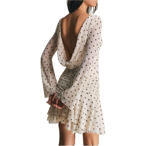 image:imageFloerns Womens Polka Dots Draped Backless Mini Dress Tie Front Mesh Long Sleeve Ruffle Party DressesApricot