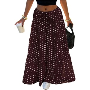 image:imageFloerns Womens Polka Dots Flowy Maxi Skirt Tiered Ruffle Going Out SkirtsChocolate Brown