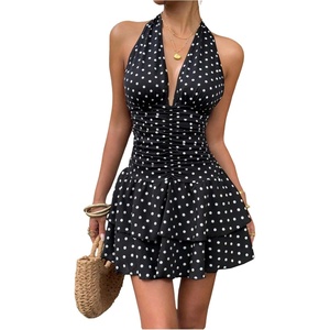 image:imageFloerns Womens Polka Dots Halter Backless V Neck Ruffle Runched Mini DressBlack and Polka Dots