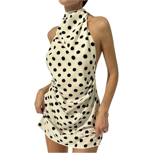 image:imageFloerns Womens Polka Dots Halter Mini Dress Ruched Open Back DressesBlack and White