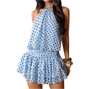 image:imageFloerns Womens Polka Dots Halter Mini Dress Tie Backless Layered Ruffle Tea Party Going Out DressesBlue