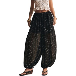 image:imageFloerns Womens Polka Dots Harem Balloon Pants Chiffon Sheer Elastic Waist Baggy Lantern PantBlack