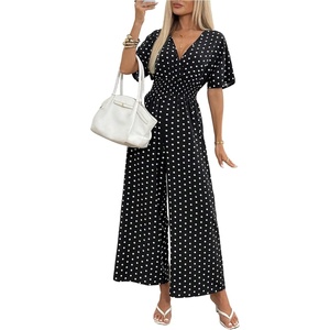 image:imageFloerns Womens Polka Dots Jumpsuit Short Sleeve Smocked Wide Leg RompersBlack and White