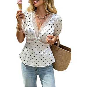 image:imageFloerns Womens Polka Dots Lace Trim Satin Tops V Neck Puff Sleeve Dressy Casual Going Out TopBlack White Lace