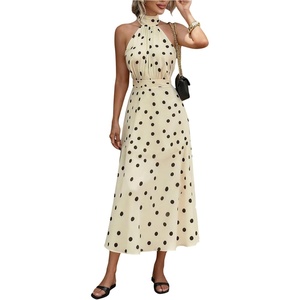 image:imageFloerns Womens Polka Dots Long Dress Halter Neck Sleeveless A Line Wedding Guest DressesApricot