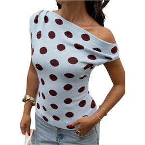 image:imageFloerns Womens Polka Dots Off The Shoulder Tops Lightweight Sleeveless Knit Pullover SweatersBlue
