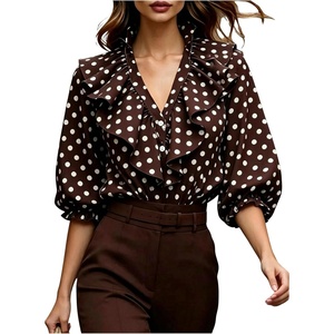 image:imageFloerns Womens Polka Dots Ruffle Button Down Shirts Dressy Casual 34 Sleeve Work Blouses Office ClothesBrown