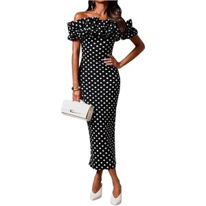 image:imageFloerns Womens Polka Dots Ruffle Off The Shoulder Cocktail Bodycon DressesBlack and White