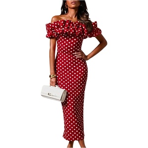 image:imageFloerns Womens Polka Dots Ruffle Off The Shoulder Cocktail Bodycon DressesRed