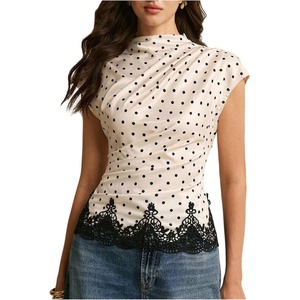 image:imageFloerns Womens Polka Dots Satin Lace Tops Elegant Cap Sleeve Mock Neck Summer Dressy Work BlousesBlack White Lace