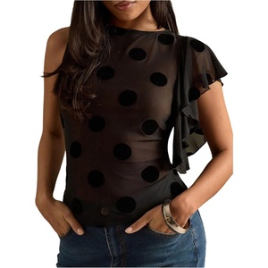 image:imageFloerns Womens Polka Dots Sheer Mesh Tank Tops Ruffle Trim See Through Going Out TopsBlack