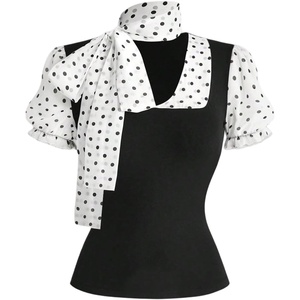 image:imageFloerns Womens Polka Dots Summer Tops Patchwork Puff Sleeve Business Work T Shirts with ScarfBlack