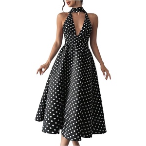 image:imageFloerns Womens Polka Dots Vintage Halter Dress Sleeveless Open Back Party A Line Midi DressesBlack and White