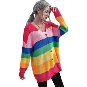 image:imageFloerns Womens Rainbow Striped Print Button Front Long Sleeve Cardigan SweaterMulti