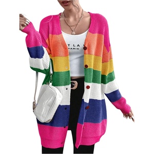 image:imageFloerns Womens Rainbow Striped Print Button Front Long Sleeve Cardigan SweaterPink Multi