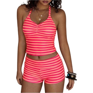 image:imageFloerns Womens Striped Bikini Sets Halter Top and Fold Over Shorts Two Piece Bathing SuitPink