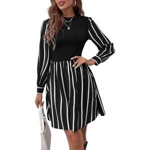 image:imageFloerns Womens Striped Bishop Sleeve A Line Dress Crewneck Elegant Short DressesBlack and White